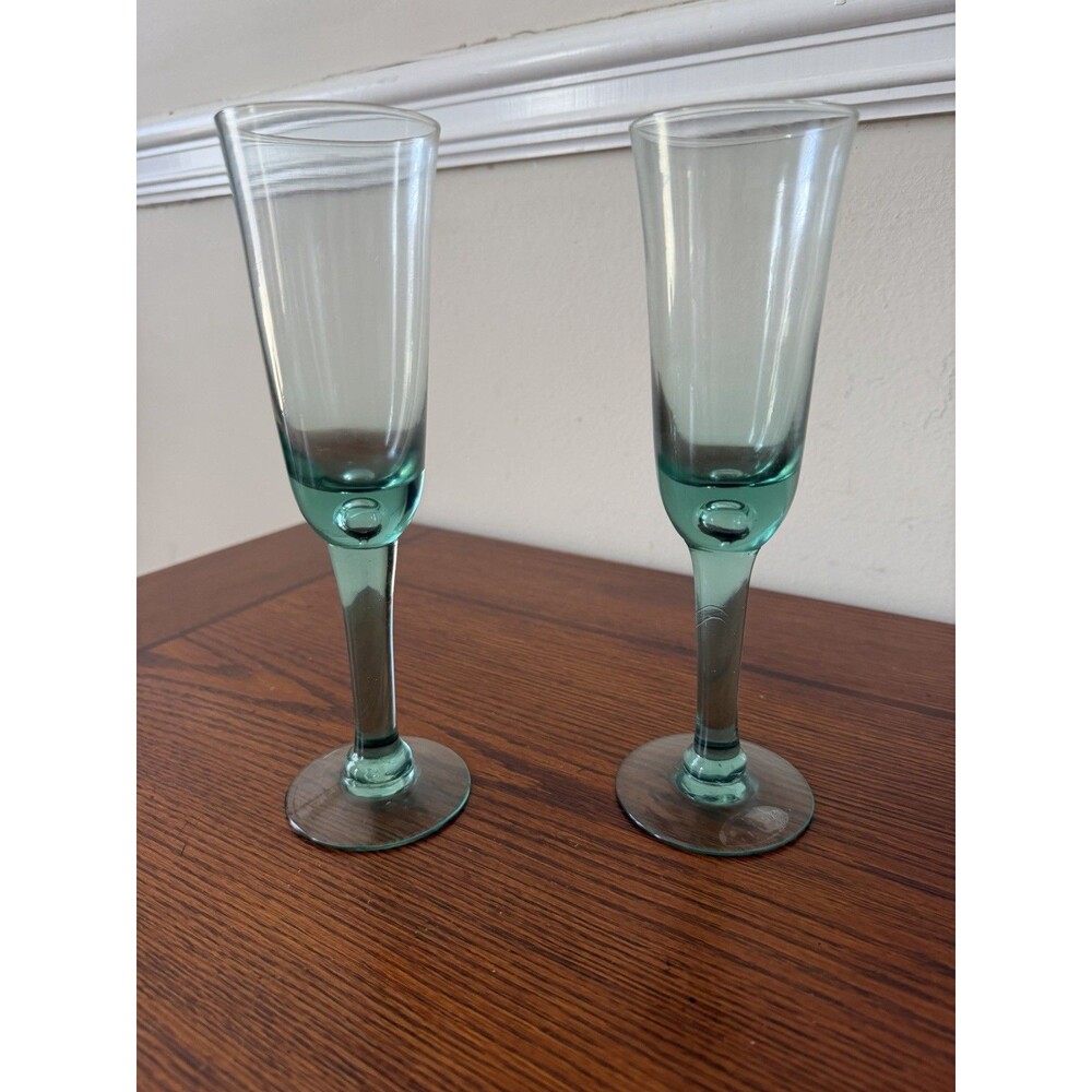 Pair of Vintage Pale Green Champagne Glasses – Elegant Fluted Stemware